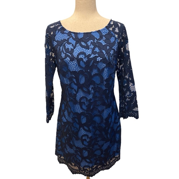 Lilly Pulitzer Aaliyah Size 6 Blue Lace Shift Dress Long Sleeve Sorority Rush - Picture 2 of 12